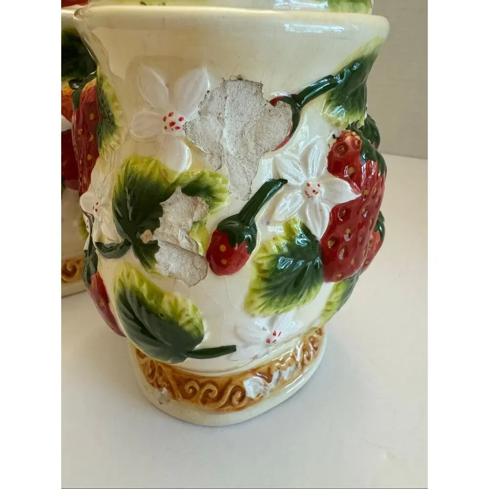 Vintage Retro Strawberry & Floral Sugar and Tea Canister Set of 2 READ